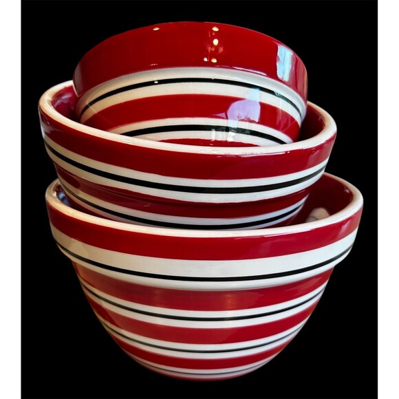 Terramoto Ceramic Nesting Set of 3 Bowls Red White Black Stripes Christmas - Picture 1 of 6